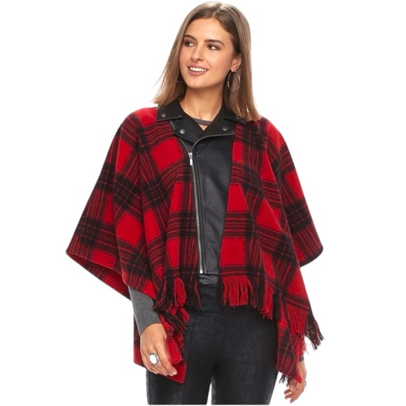 NWT Rock & Republic Womens Plaid Fringe Faux Leather Trim Poncho Red/Black - Picture 1 of 13
